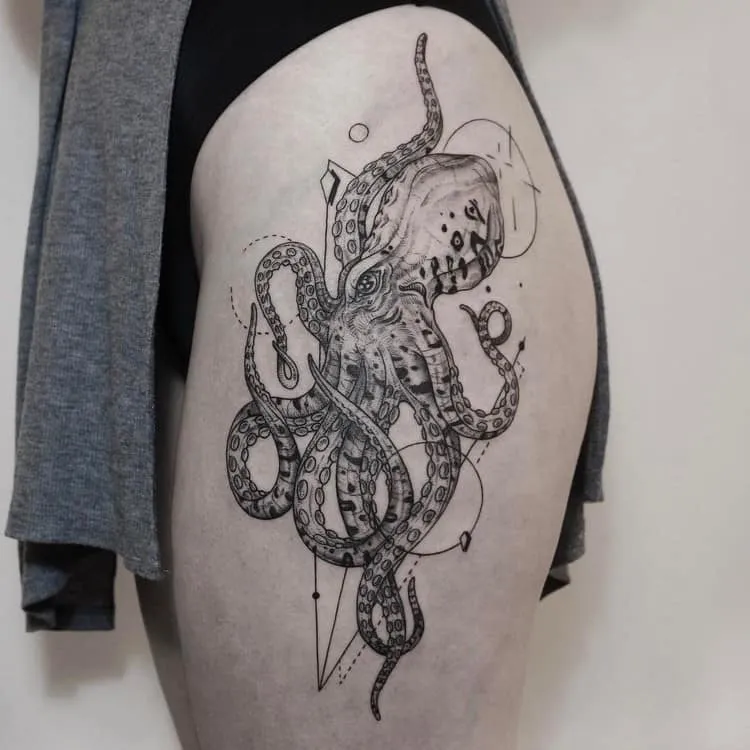 Big Octopus Tattoo on Thigh