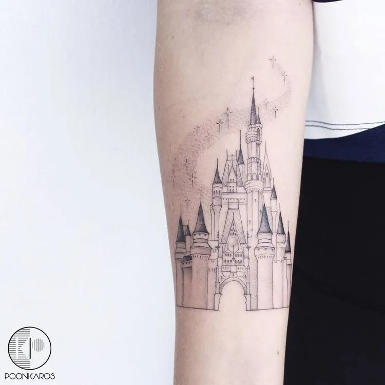 Fine Line Disney Castle Tattoo by poonkaros
