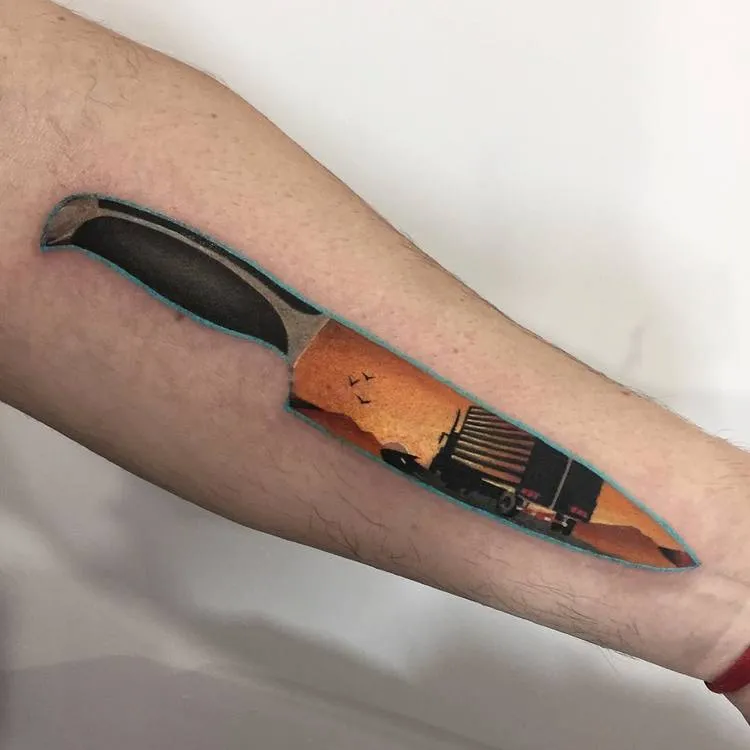 Knife/Landscape Tattoo on Forearm by dariastahp