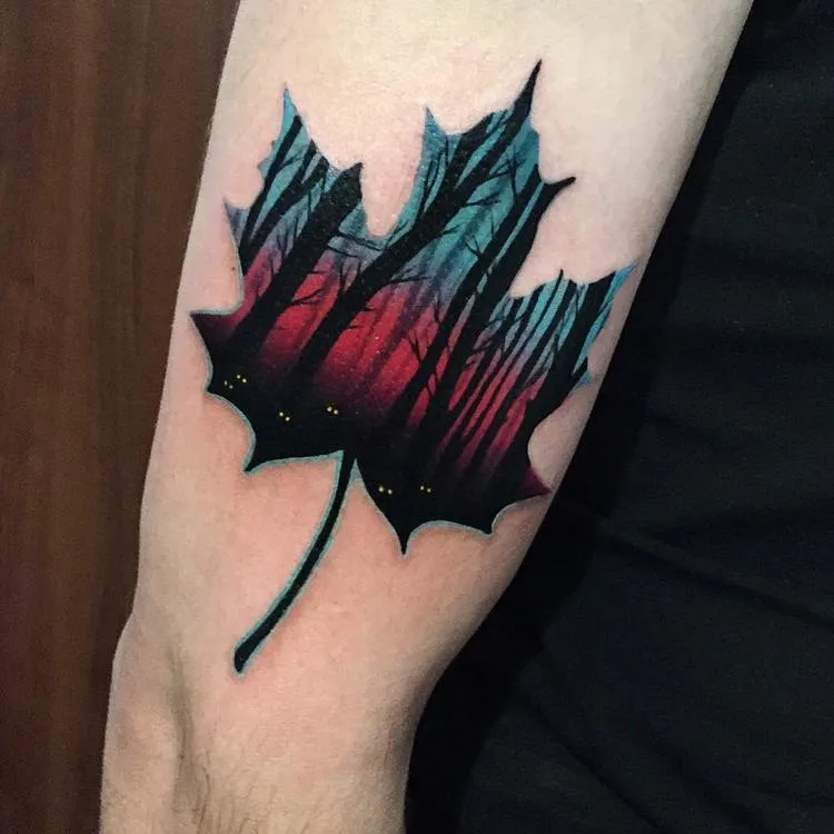 Spooky Forest Inside Maple Leaf Tattoo by dariastahp