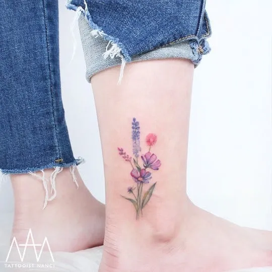 Floral Bouquet Tattoo on Ankle by Tattooist Nanci