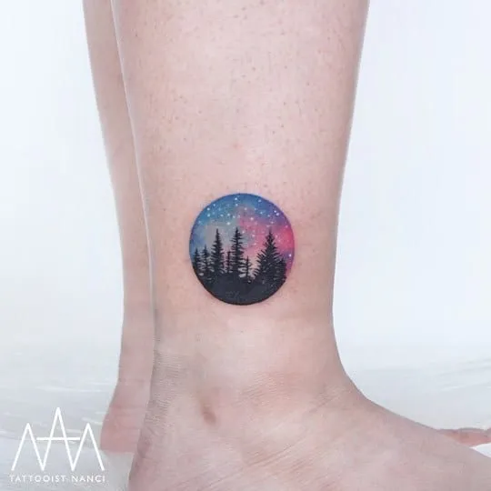 Circular&nbsp;Night Sky and Forest Tattoo by Tattooist Nanci