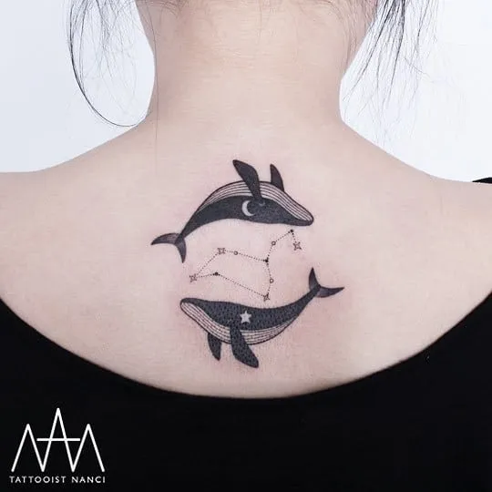 Two Whales and Constellation Tattoo by Tattooist Nanci