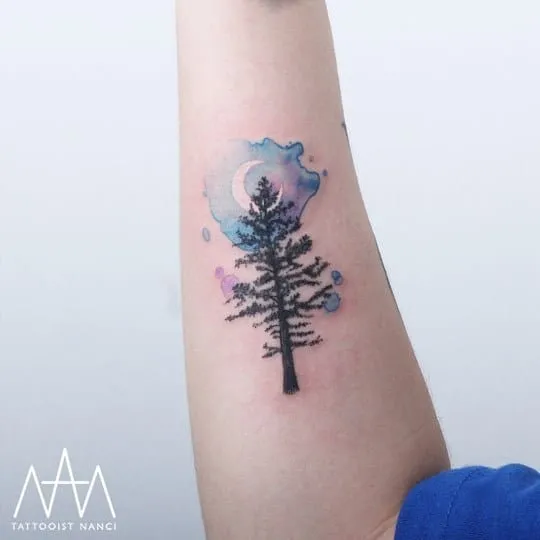 Tree and Watercolor Crescent Moon Tattoo by Tattooist Nanci