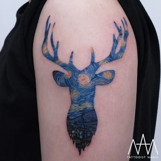 Van Gogh's Starry Night Inside a Silhouette&nbsp;of a Deer by Tattooist Nanci