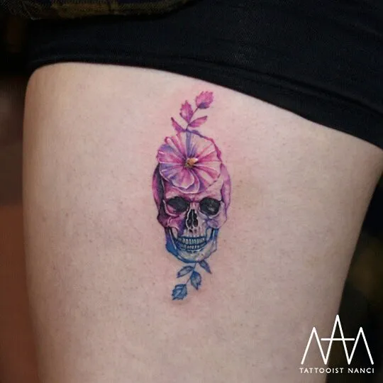 Skull and Flower Tattoo by Tattooist Nanci