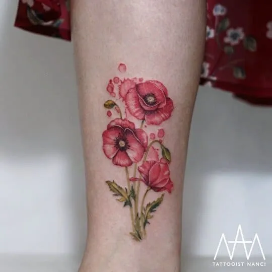 Watercolor Red Poppy Flowers Tattoo by Tattooist Nanci