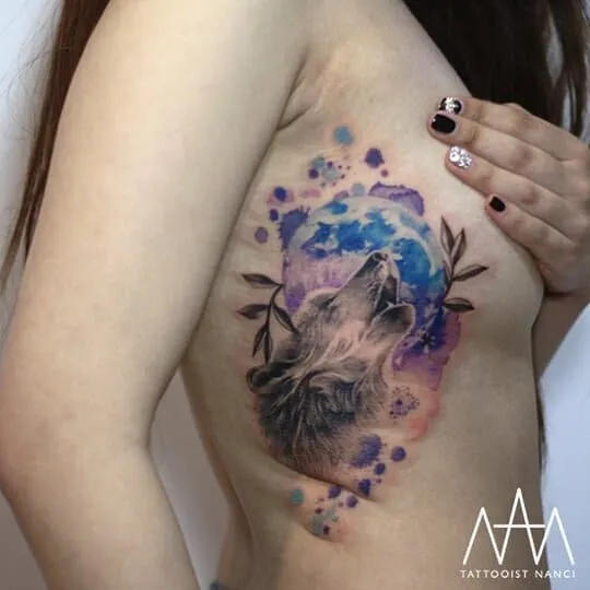 Watercolor Moon and Wolf Tattoo by Tattooist Nanci