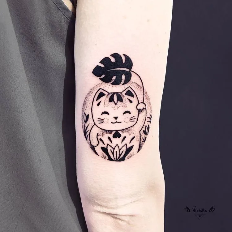 Maneki-Neko and Monstera Leaf&nbsp;Tattoo by violette_bleunoir