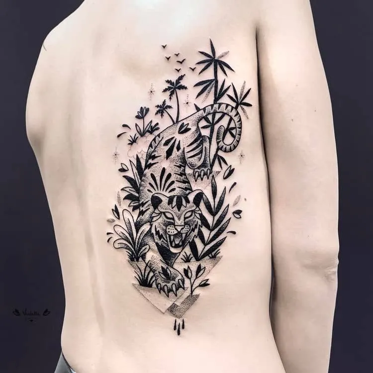 Tiger and Vegetation Tattoo by violette_bleunoir