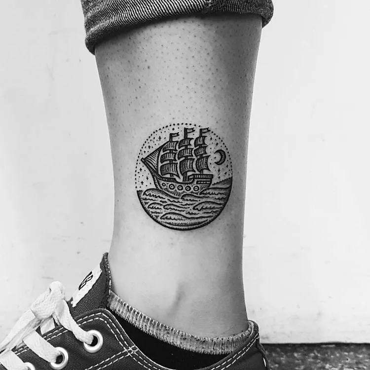 Ship and Waves Tattoo by Mike Stout