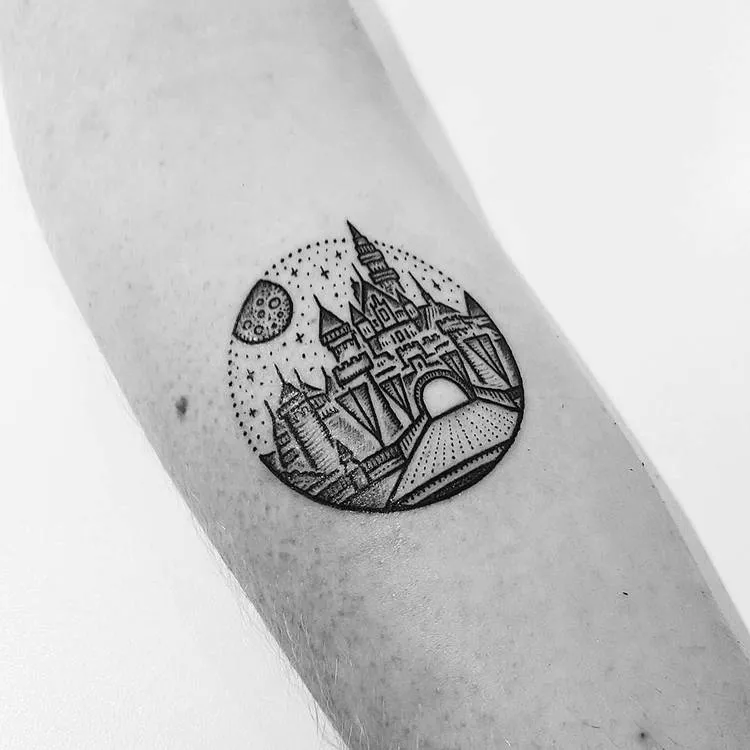 Dotwork Disney Castle Tattoo by Mike Stout