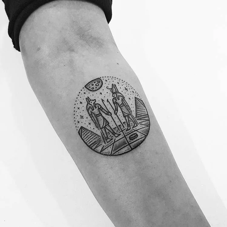Ancient Egyptian Gods and Landscape Tattoo by Mike Stout