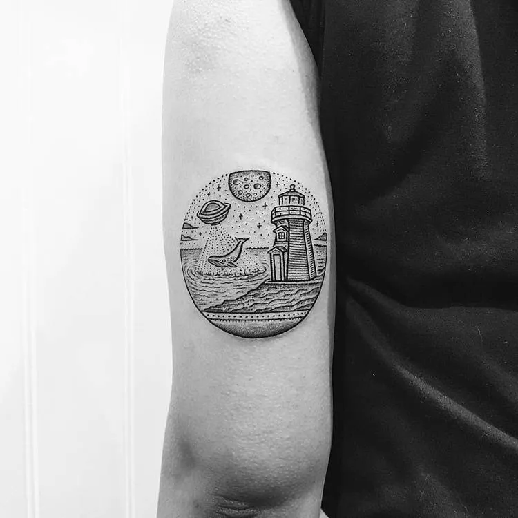UFO Aquatic Abduction and Lighthouse by Mike Stout