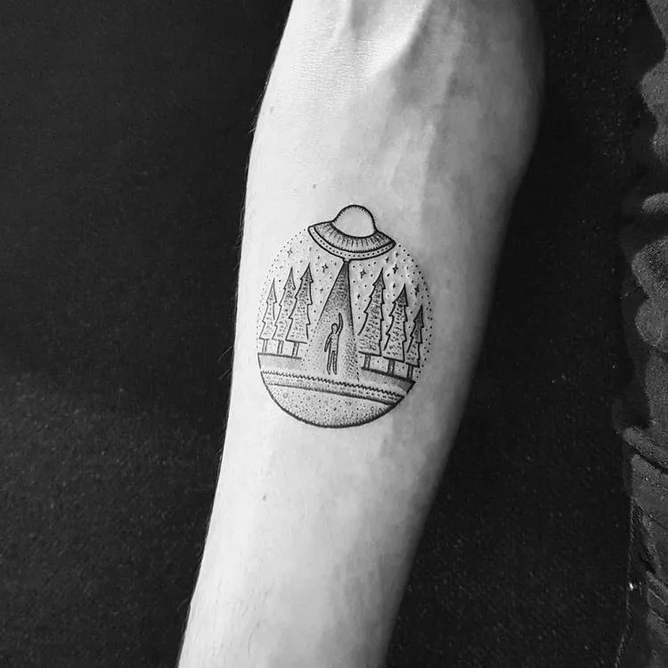 Circular Alien Abduction Tattoo by Mike Stout