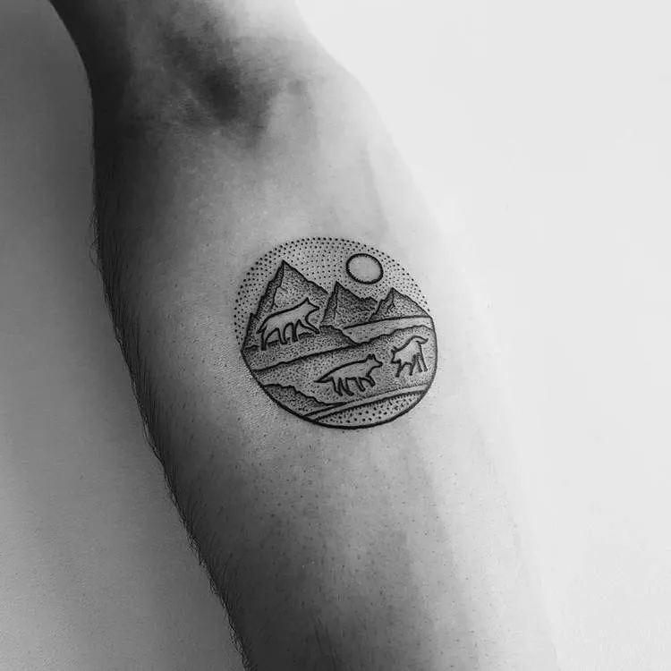 Dotwork Mountain Wolves Tattoo