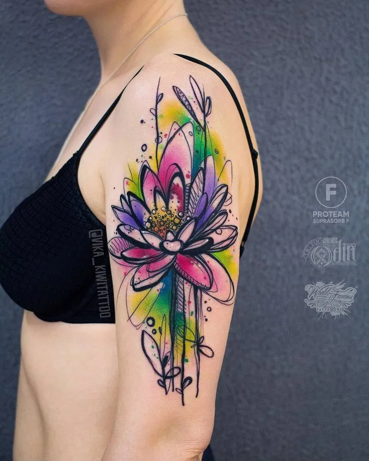Sketch Style Upper Sleeve Flower Tattoo by vika_kiwitattoo