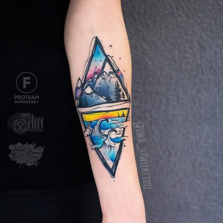 Nature Inspired Triangle Watercolor Tattoos by vika_kiwitattoo