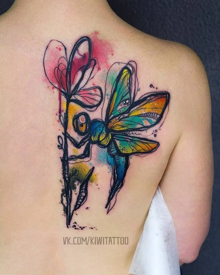 Flower and Dragonfly Tattoo by vika_kiwitattoo