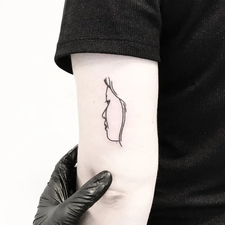 Hand Poke Woman Portrait Tattoo by Pokeeeeeeeoh