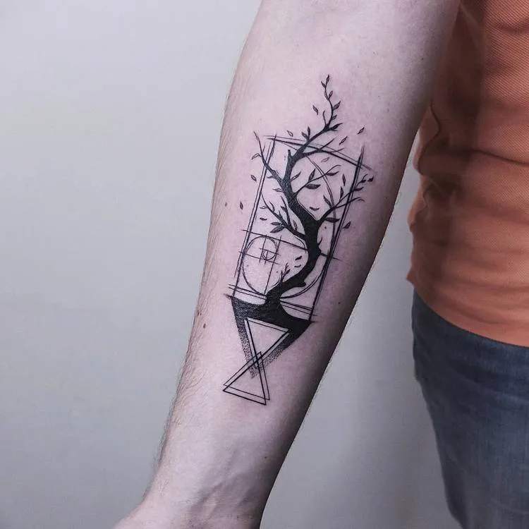 Blackwork Golden Ratio, Tree, and Geometric Shapes Tattoo by Vitaly Kazantsev