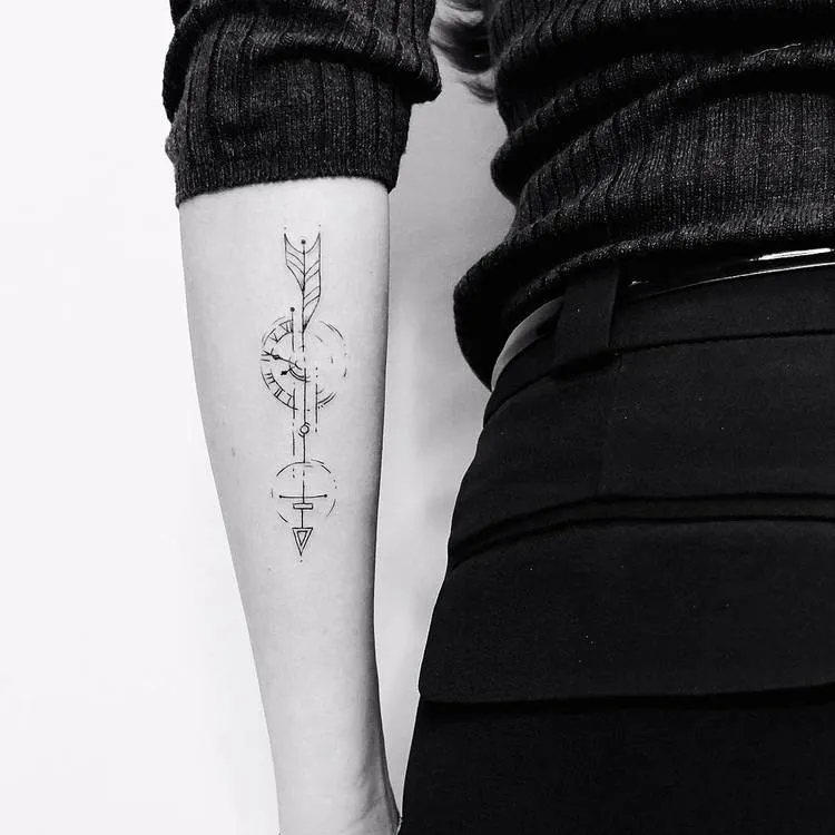 Fine Lines Arrow and Clock Tattoo by Vitaly Kazantsev