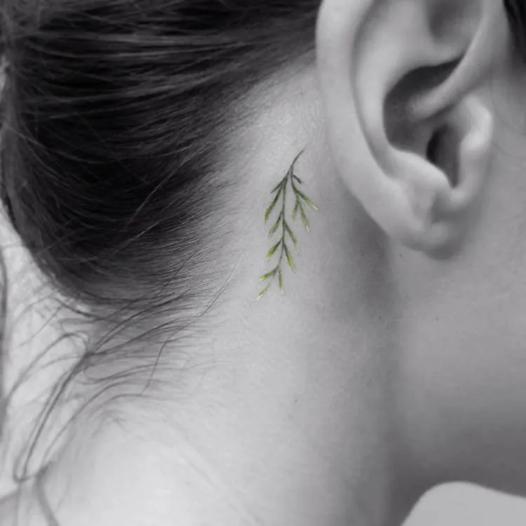 Small Twig Tattoo Behind the Ear by Vitaly Kazantsev