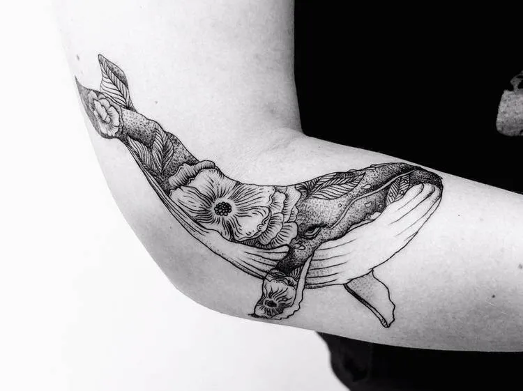 Floral Whale Tattoo by Vitaly Kazantsev