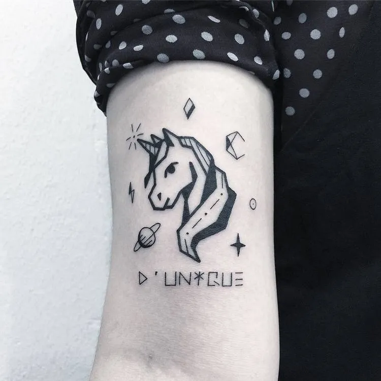 Unicorn, Space Elements, and Lettering Tattoo by Greemtattoo
