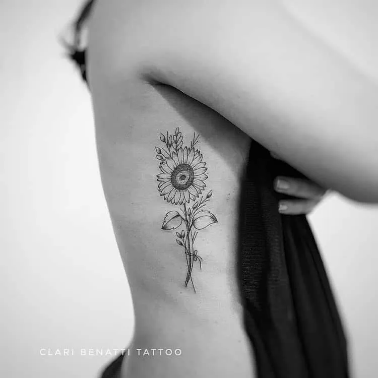 Sunflower Tattoo on Side by Clari Benatti
