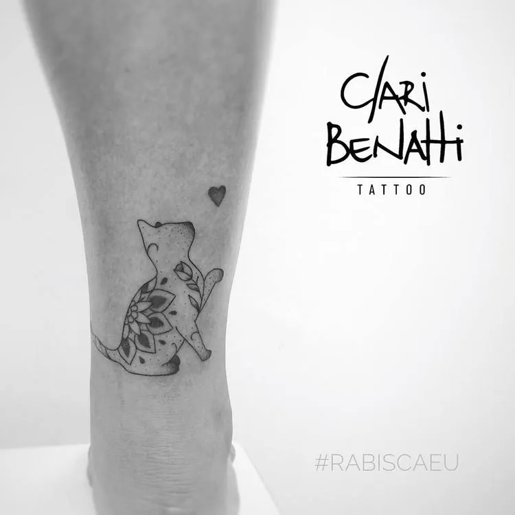 Ornamental Kitty and Tiny Heart Tattoo by Clari Benatti