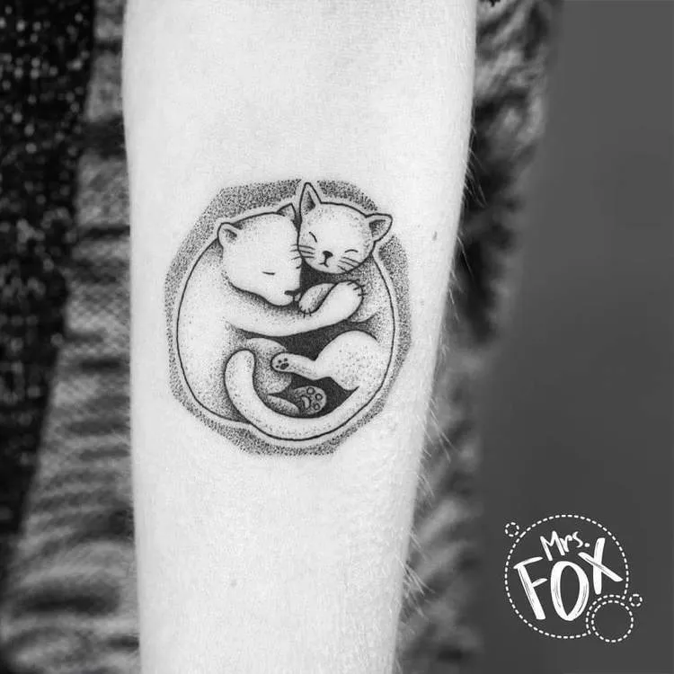 Dotwork Sleeping Beer and Kitty Tattoo by Mrs Fox