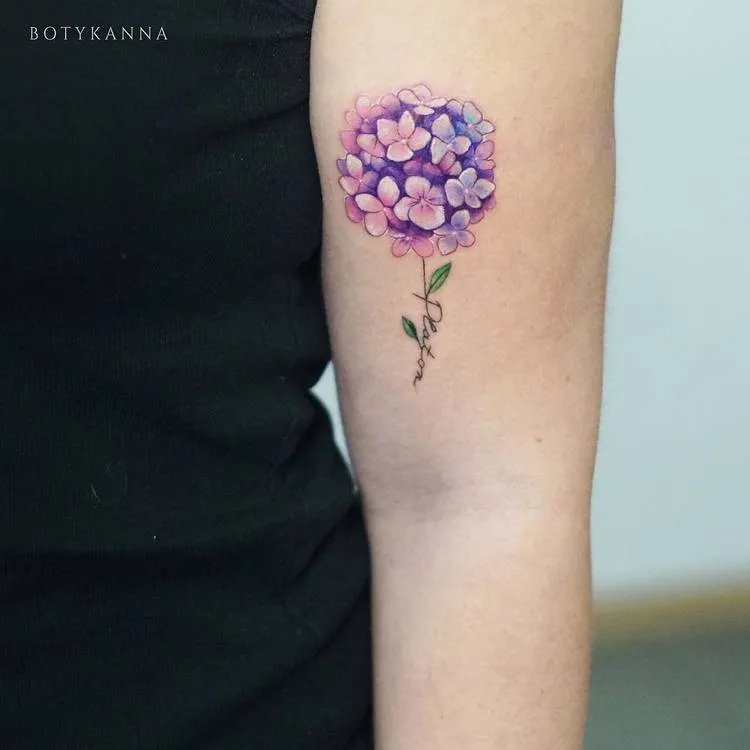 Purple Hydrangea and Lettering Tattoo by Anna Botyk