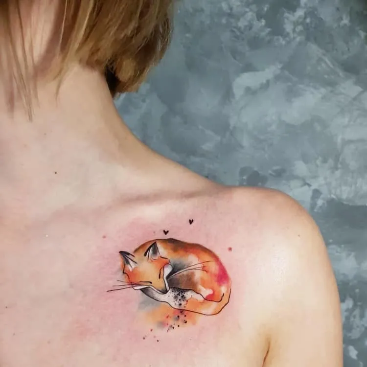 Sleeping Fox and Tiny Hearts Tattoo by Simona Blanar