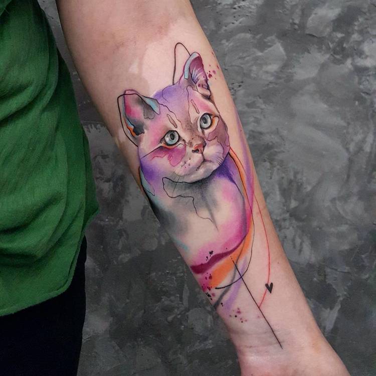 Watercolor Cat Tattoo by Simona Blanar