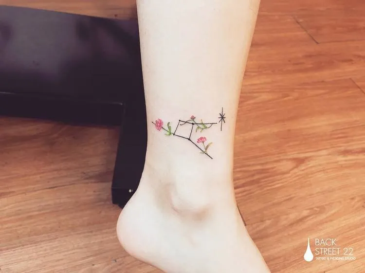 Floral Cancer Constellation Tattoo on Ankle by tattooist_carly