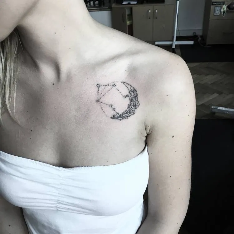 Libra Constellation and Floral Crescent Moon Tattoo by mary_tereshchenko