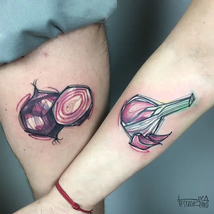 Matching Onion and Garlic Tattoos by Luca Testadiferro