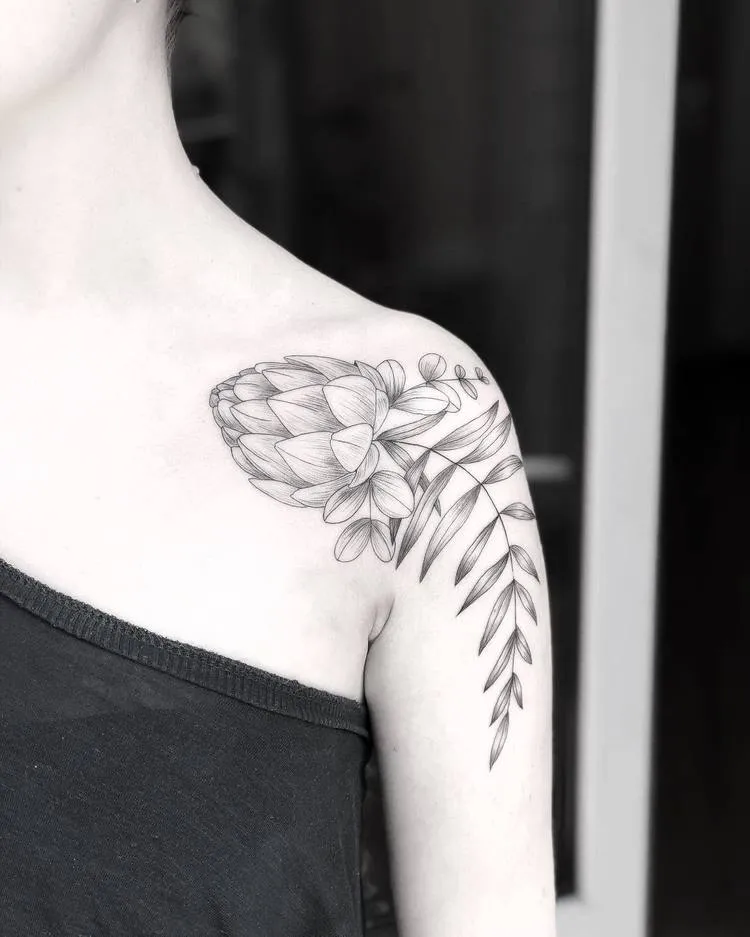Artichoke, Eucalyptus, and Fern Tattoo by Mary Tereshchenko