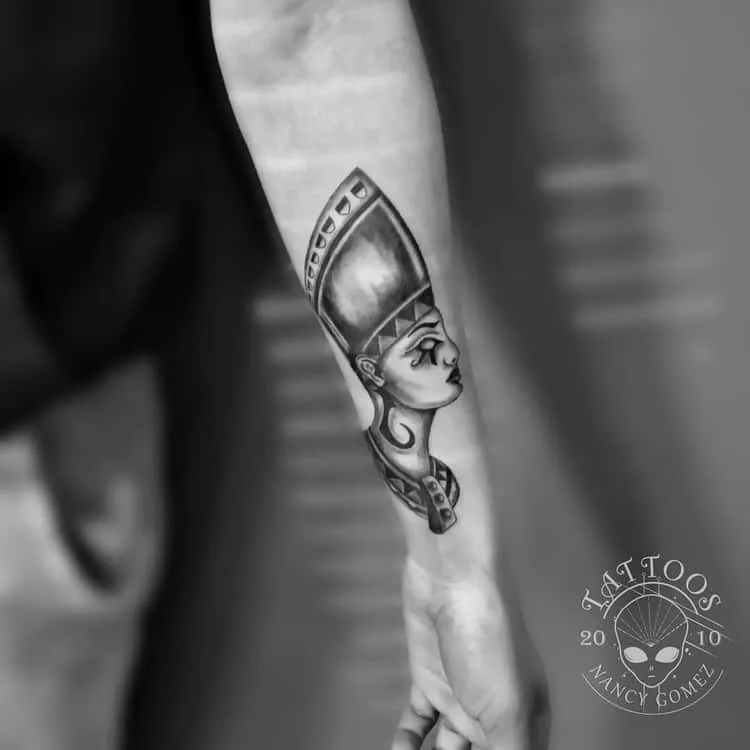Black and Grey Nefertiti Tattoo by nancygomeztattoo
