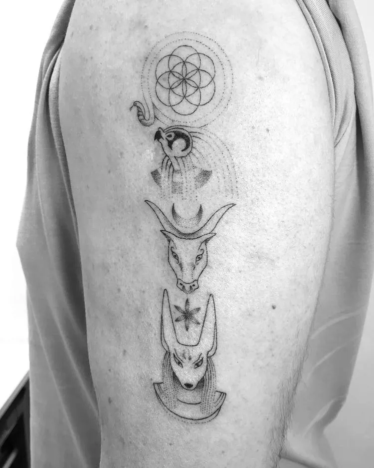 Flower of Life, Ra, Hathor, and Anubis Tattoos by fayeotattoos
