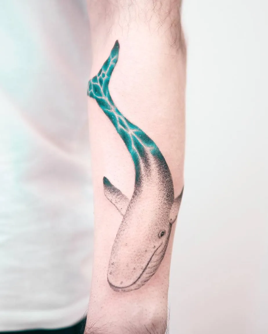 Dotwork Turquoise Whale Tattoo by Evgeny Mel