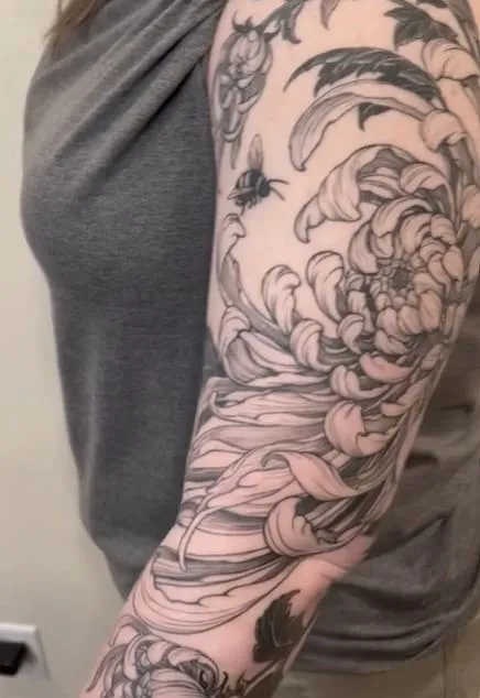 15 Most Beautiful Chrysanthemum Tattoo Designs, Chrysanthemum tattoo minimalist, Chrysanthemum Forearm Tattoo, Delicate Chrysanthemum Tattoo, Blooming Chrysanthemum tattoo, Chrysanthemum Flower Outline tattoo,