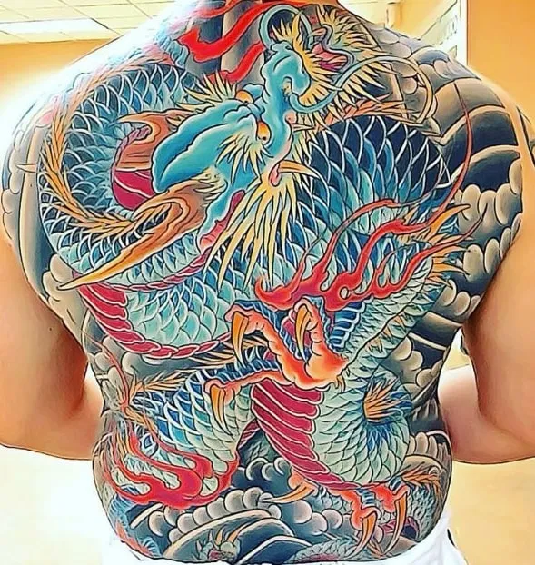 Colorful Yakuza dragon tattoo