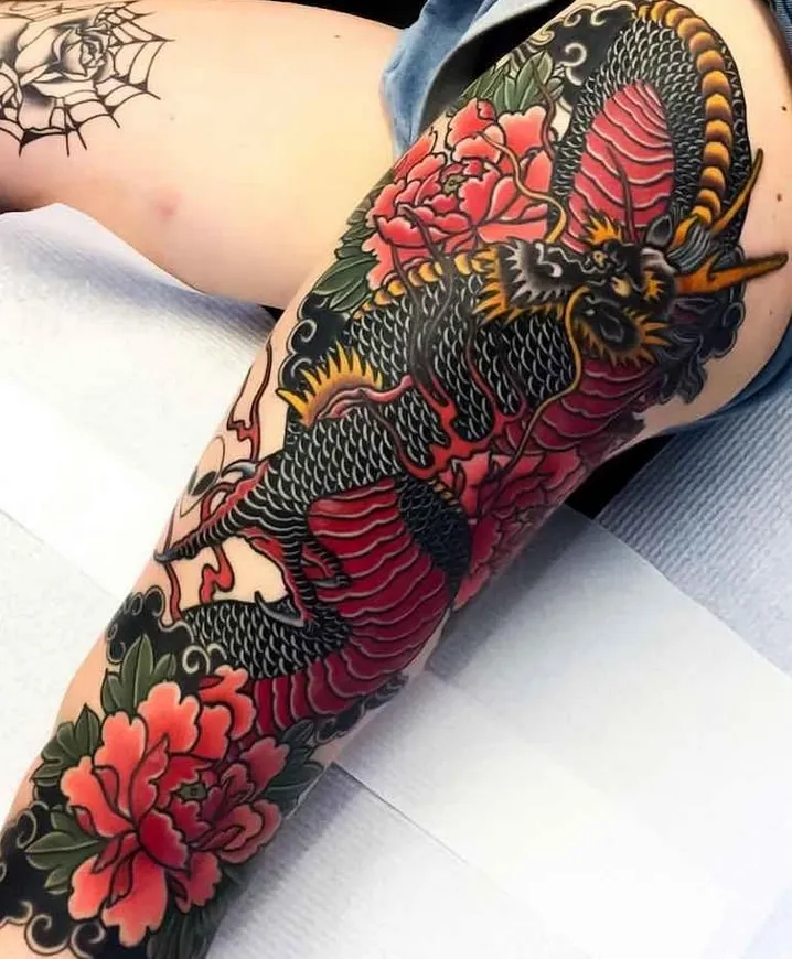 Yakuza Dragon Tattoo with Floral Elements