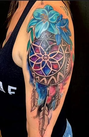 Dream Catcher Tattoo Ideas 2 color and flowers Dream Catcher Tattoo Idea