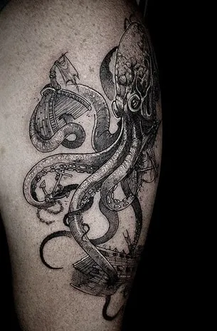 black and white healed kraken tattoo 
