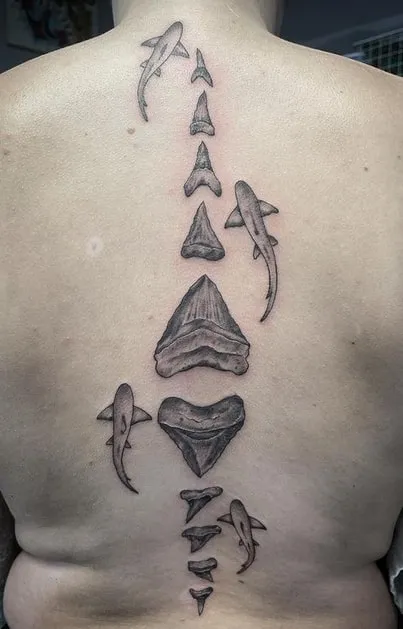 shark tooth tattoo on spine design