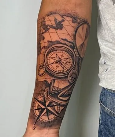 world map compass tattoo design 