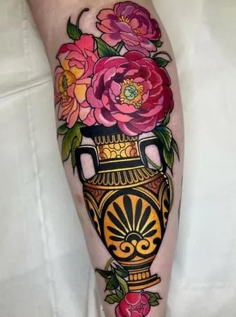 Neo traditional vase with flowers tattoo Idea